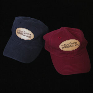 image of red and blue varieties of cap with Mayflower Society logo